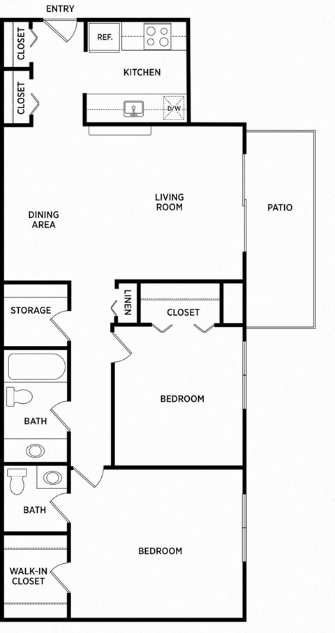 Floor plan for 2 beds, 1.5 baths, 1126 sqft